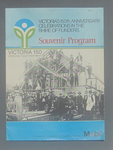 Calendar of events celebrating Victoria’s 150th anniversary from 27 Oct 1984 to 11 November 1985.  Map of Southern Peninsula showing towns and main events.  Messages from Shire President, Graeme Riley and Comm. Chair Sir John Hollan