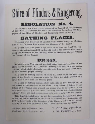 Regulations on bathing at Dromana and Sorrento and generally on the beaches in the Shire.