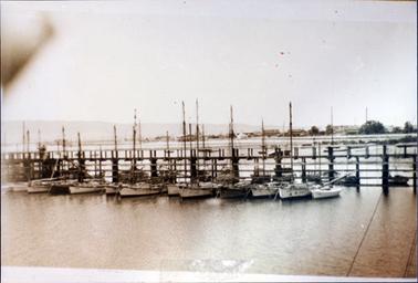 This sepia image shows a row of a dozen fishing boats beside a jetty.  Water is in the foreground and buildings are in the background.  A line of hills can be seen in the far background.  