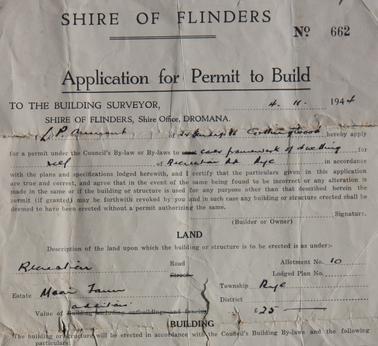  Building Application No. 662. One sheet application by Louis P. Aumont for fibro cement and weatherboard additions to a dwelling at Lot 10 Recreation Road, Rye.  Part of Maori Farm Estate.
