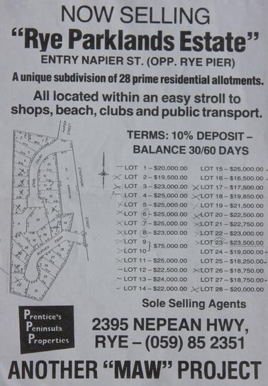 Advertising subdivision of 28 residential lots of “Rye Parklands Estate”. Athol Court & Alathea Court, Rye
Agents Prentice’s Peninsula Properties  