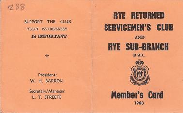 Rye RSL Membership card 1968.   Lionel Martin - Life Member