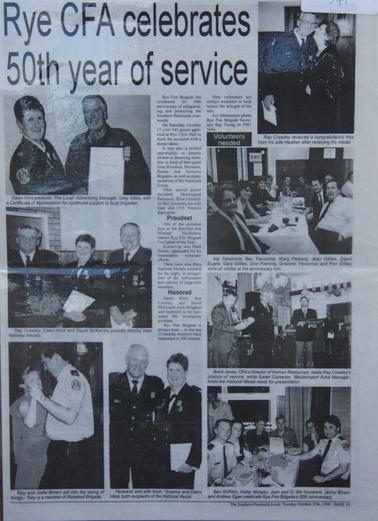 Original of “The Southern Peninsila Local”, Tuesday, 27th October 1998.  Page 19. “ Rye CFA Celebrates 50 Years of Service” Featuring 8 Photographs and script.