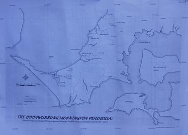Map of land features of Peninsula - Boonwurrung, Mornington Peninsula + typewritten description
Map 420 x  300
Info sheet 290 x 210
Published by Flinders District Historical Society