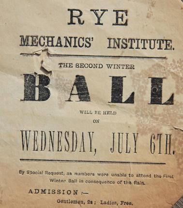Rye Mechanics Institute Advertisement for 2nd Winter Ball Wednesday July 6th. Year unknown.
Accompanying letter re details from Peter Wilson 27th Nov, 2000