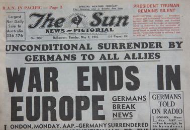 Banner Headline reads “Unconditional Surrender by Germans to all Allies - War Ends in Europe”