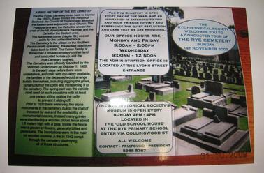 Photographs showing graves in the Rye Cemetery with descriptions.  Photographs of tour conducted by Phil Cain in October 2009