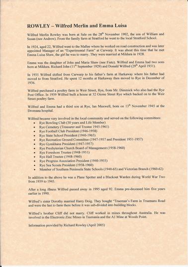 History of Wilfred Merlin and Emma Luisa Rowley
written in 2005 by Richard Rowley