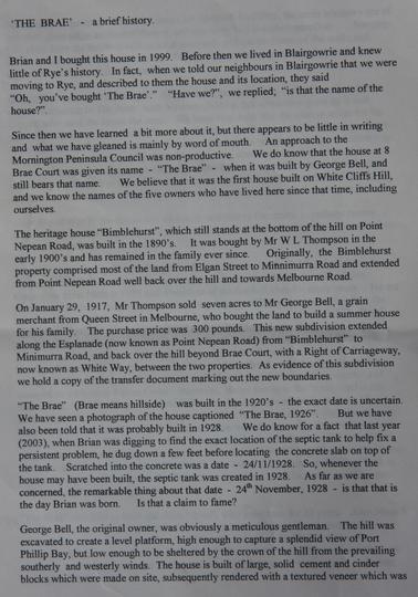 History of  “The Brae”  8 Brae Court, Rye