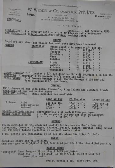 Price list of foodstuffs - (Meat, cheese, bacon, butter, honey & canned goods).