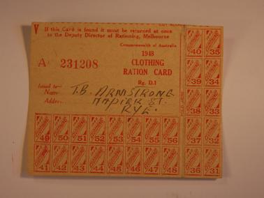 Clothing Ration Card No. A 231208 issued to T.B. Armstrong, Napier St, Rye
