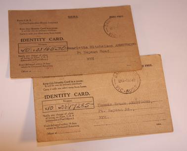 Identity card for Henrietta Mitchelson Armstrong, Pt Nepean Rd, Rye.  Card No. V10 F03 16530.  Witness D. Hill, Post Office, Rye.  Signed by Henrietta Armstrong.  Business address: Post Office, Rye.
Identity card for Thomas Bruce Armstrong, Pt Nepean Rd, Rye. Card No. V10 M06 17285.  Witness as above.  Signed by T.B. Armstrong, Business address: Post Office, Rye.