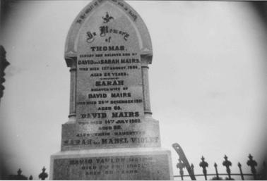 Marble Gravestone in cemetery. Gravestone has several family names engraved with top of wrought iron fence showing 