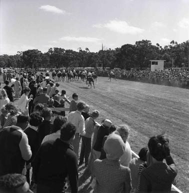 Race trackwith racing horses and onlookers