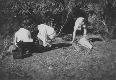 Camping scene. Three young men in photo, two squatting, one bending over performing some tasks. Cleared ground in foregrouno date. Dense ti-tree in backgrouno date.