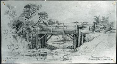 Copy of a pencil sketch of Fisherman’s Bridge  depicting a wooden bridge over a small creek. There are wooden railings on either side of the bridge and the road leading towards the bridge. Left side shows dense vegetation while the other side is cleared