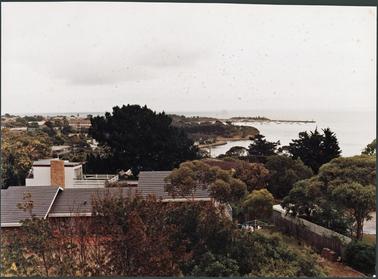 A view of Port Phillip Bay and pier overlooking the rooves of houses and trees, the image was taken from Southdene Tower
