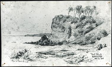 Copy of a pencil sketch of Tanti Bluff depicting a tall sheer cliff face with natural vegetation at the top and rocks at the base. There is a beach with some native grasses in the foreground and the bay and distant coastline is featured in the background.