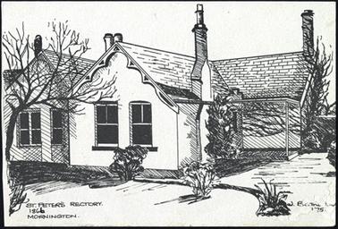 Black & White Sketch front view double fronted brick with slate tiles 5 chimneys, side porch