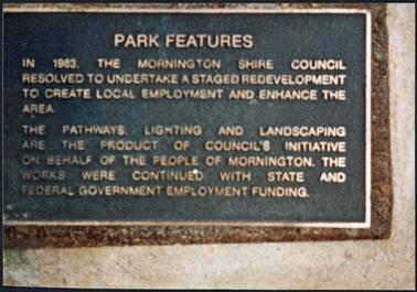 A bronze plaque with inscription re “Park Features” in the Mornington Park, the Esplanade, Mornington