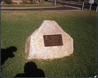 A front view of the Harris Corner 150th Marker, Corner Esplanade and Strachans Road, Mornington. Cobb & Co Coaches started from here the marker consists of a natural shaped stone with a bronze plaque attached