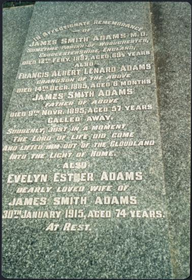 A close up view of the family grave of James Smith Adams Senior, Francis Albert Lenard Adams, James Smith Adams and also Evelyn Esther Adams, the inscription is laid on marble