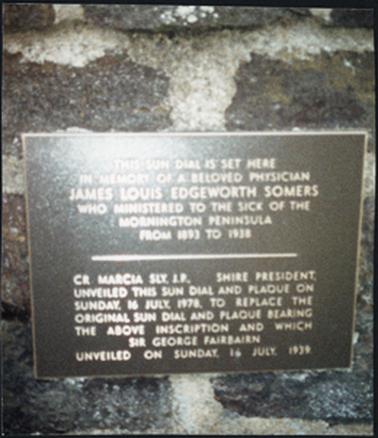 A front view of the bronze inscription of the James Louis Edgeworth Somers Memorial