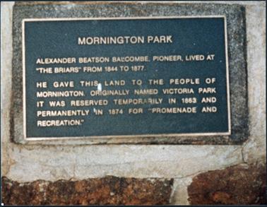 A front view of a bronze plaque with inscription located in the Mornington Park the Esplanade Mornington