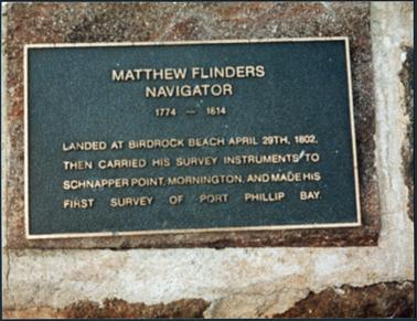 A front view of plaque for Matthew Flinders, Navigator, 1774-1814, this plaque is located in the Mortnington Park, the Esplanade, Mornington