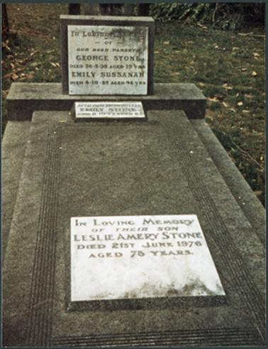 A flat rectangular shaped grave of the Stone Family: George, Emily Sussanah and their son, Leslie Amery Stone Inscriptions are laid in white marble and the base of the grave is made from grey stone or cement