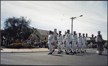 Members of the RAN Band at the corner of Main Street and the Esplanade, Mornington, marching up the Main Street for the Bicentennial Parade