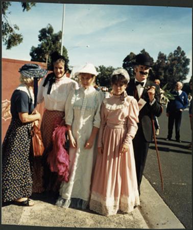 Members of the Mornington Historical Society, Joan Unsworth, Neil Taylor and others, waiting for transport, to  take part in the Bicentennial Parade in Main Street, Mornington