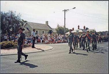 Members of the RAAC cadets taking part in the Bicentennial Parade, 1988, at the corner of Main Street and the Esplanade, Mornington
