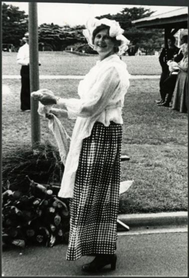 A group of people having a picnic in the Mornington Park, Margaret Picking, in the right of the photo is dressed in period costume