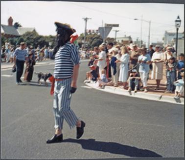 Member of the Mornington Historical Society, Clarrie Rawlings, taking part in the Bicentennial Parade in Main Street, Mornington