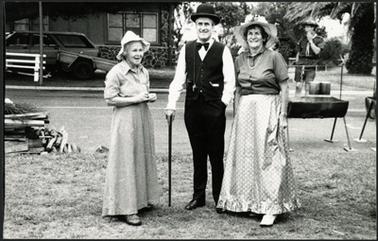 From left, B. Grice, N. Taylor and J. Unsworth, wearing old-style clothing, at the Picnic in the Mornington Park