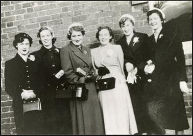 A group of 6 female telephonists from Mornington in 1954 from left to right, Heather Burton, Dawn O'Brien, Barbara Hutchins, Shirley Dorling, Peg Sayers, Pat Sayers


