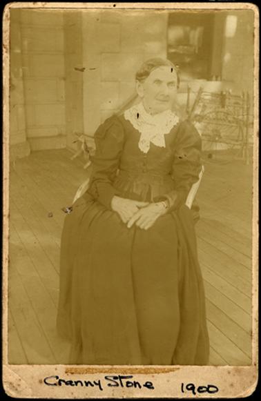 The image is of Granny Stone seated in a chair