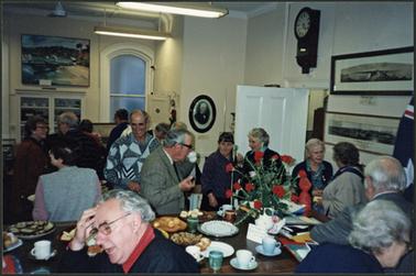 Coffee and cake at AGM 17 May 1992, including Garry Moorhead, Mac Davidson and Win Corkhill at the Old Post Office Museum