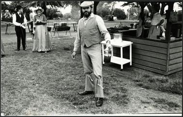 From left to right are N. Taylor, J. Unsworth and W. Picking, wearing old-style clothing, at the Picnic in the Mornington Park