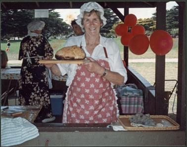 Mornington Historical Society Member, Joan Unsworth, making damper at the Mornington Historical Society Bicentennial Picnic in the Mornington Park March 1988