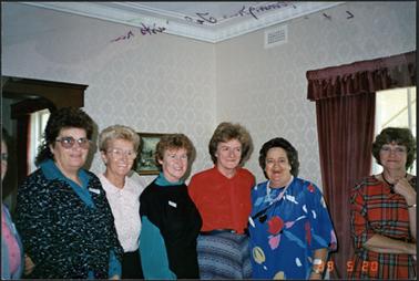 Mornington Telephonists Reunion from left to right, Barbara Hutchins (Sweet), Val Dorling (Buchanan), 
Heather Burton, Pat Sayers, Pam Glover (Grant), Bev Denham