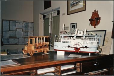A scale model of a vintage omnibus and the SS Hygiea on display for Heritage Week 1988, at the Mornington Historical Society Museum