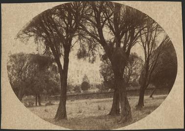 Looking at Manyung and Garden from a distance, surrounded by picket fence large trees in foreground in
oval frame