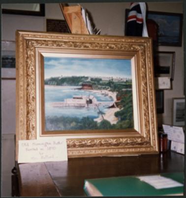 A painting of the Mornington Bathes lent by Mrs McLean of Colac for Heritage Week 1989 on display at the Mornington Historical Society Museum
