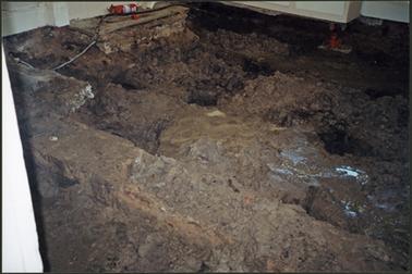 The image shows mud and slush under the floor of the main room OPOM