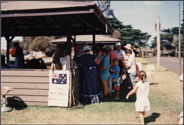 People of the community interacting with members of the Mornington Historical Society at the Bicentennial Picnic in the Park 1988 held in the Mornington Park