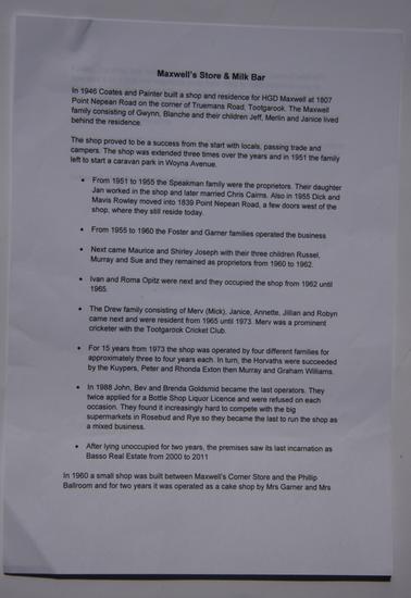 Contains detailed information on the history and proprietors of Maxwell’s Store & Milk Bar, Tootgarook