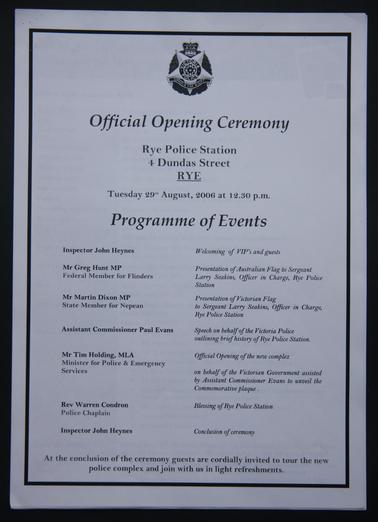 Programme of Events | Event Information | Guest list | Colour news clipping/photo showing Martin Dixon MLA, Sgt Larry Seakins, Hon. Greg Hunt, MP.