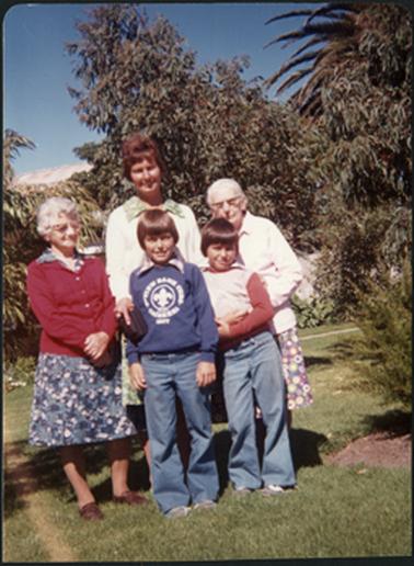 A group photo of three adults and two children to the left of photo Ada Jacobs and to the right Grace Stone c1985